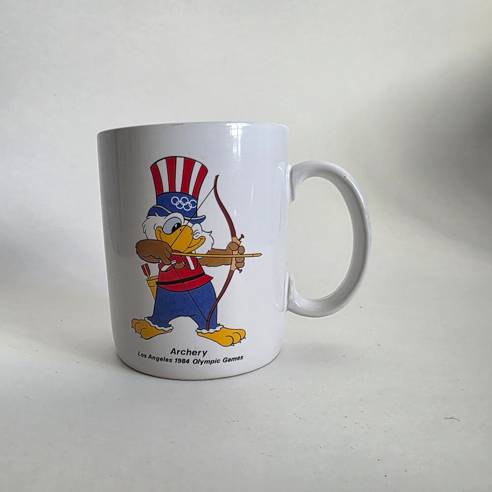 Vintage 1984 Los Angeles Olympics Sam Eagle Archery Coffee Mug Korea PAPEL